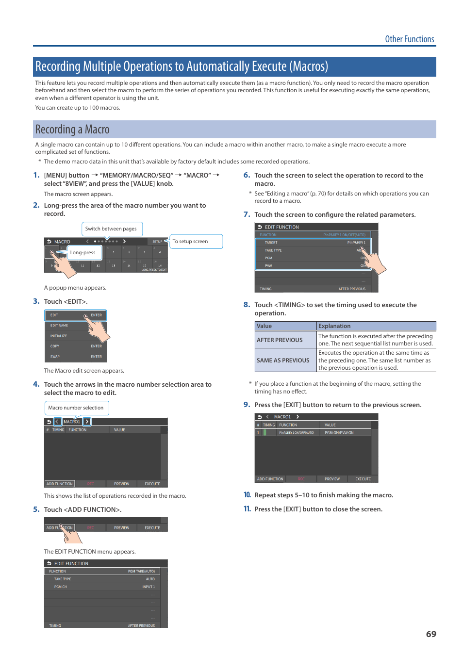 Recording a macro, Macros), Other functions | Roland VR-6HD Direct Streaming AV Mixer User Manual | Page 69 / 148