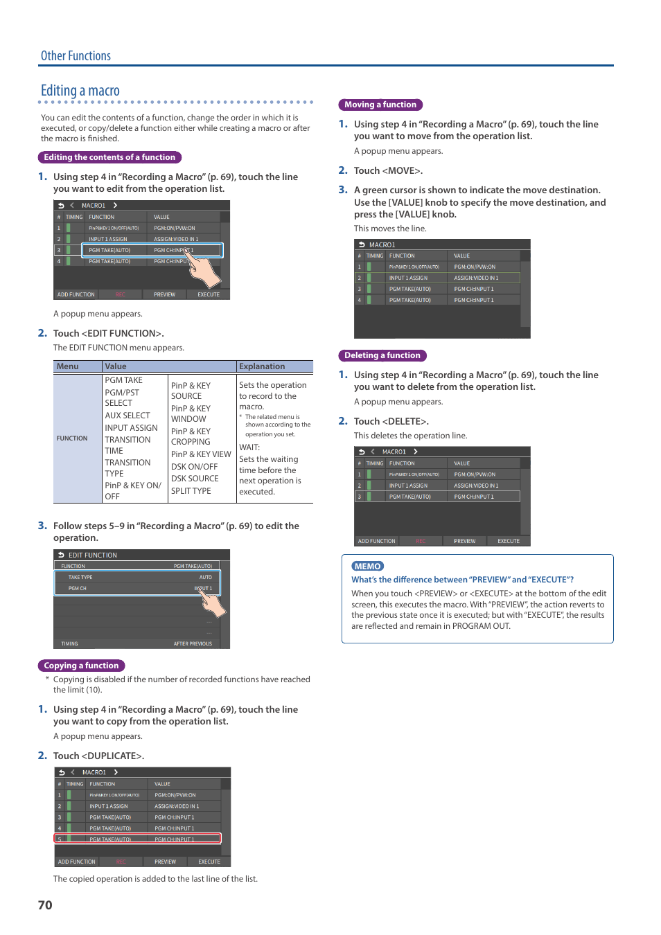 Editing a macro, Other functions | Roland VR-6HD Direct Streaming AV Mixer User Manual | Page 70 / 148