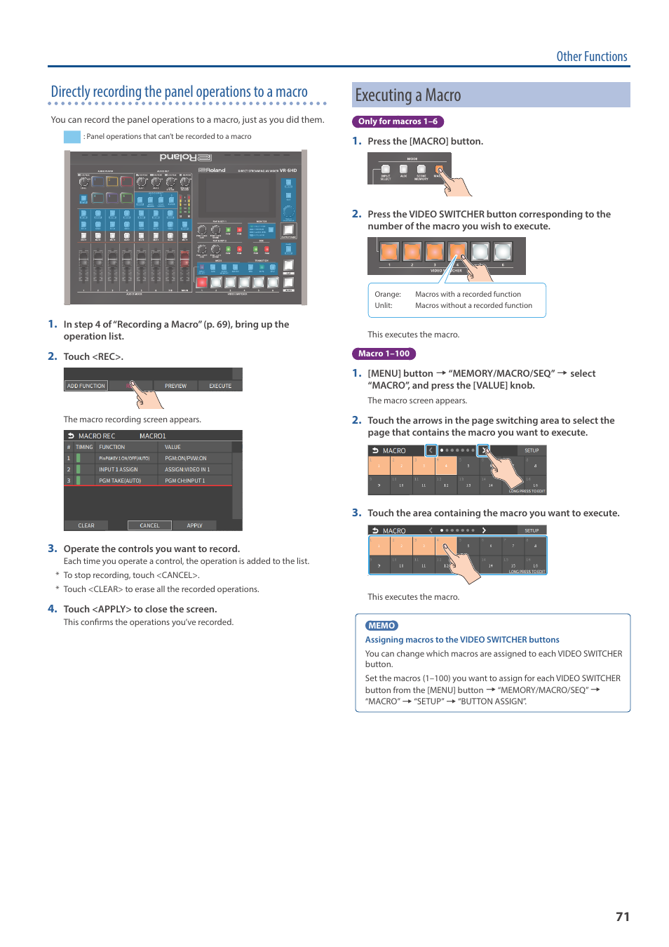 Executing a macro, Directly recording the panel operations to a macro, Other functions | Roland VR-6HD Direct Streaming AV Mixer User Manual | Page 71 / 148