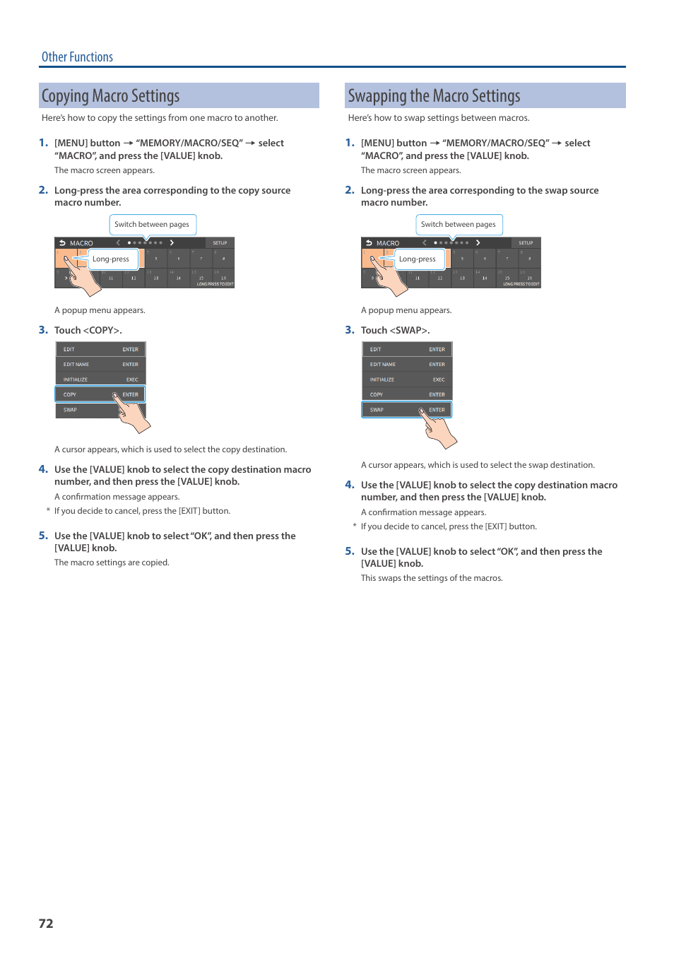 Copying macro settings, Swapping the macro settings, Other functions | Roland VR-6HD Direct Streaming AV Mixer User Manual | Page 72 / 148