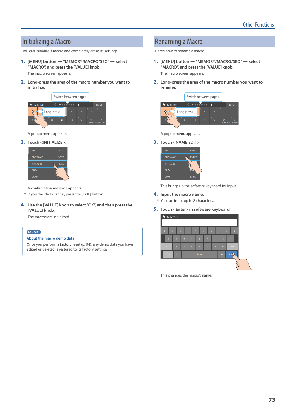 Initializing a macro, Renaming a macro, Other functions | Roland VR-6HD Direct Streaming AV Mixer User Manual | Page 73 / 148