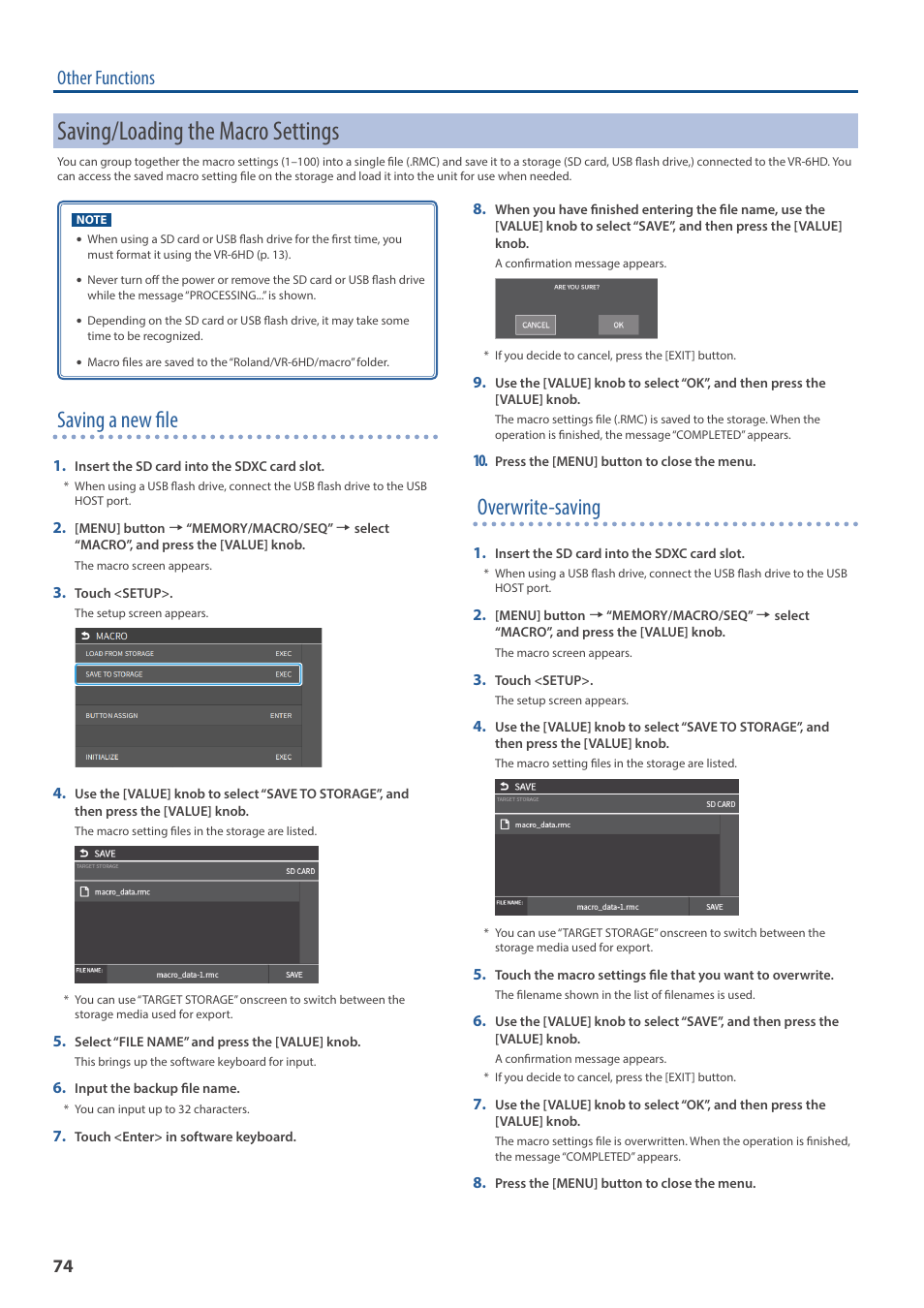 Saving/loading the macro settings, Saving a new file, Overwrite-saving | Other functions | Roland VR-6HD Direct Streaming AV Mixer User Manual | Page 74 / 148