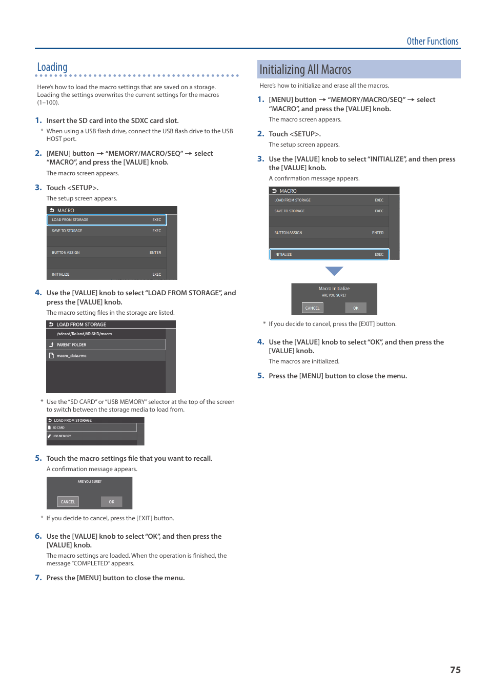 Initializing all macros, Loading, Other functions | Roland VR-6HD Direct Streaming AV Mixer User Manual | Page 75 / 148