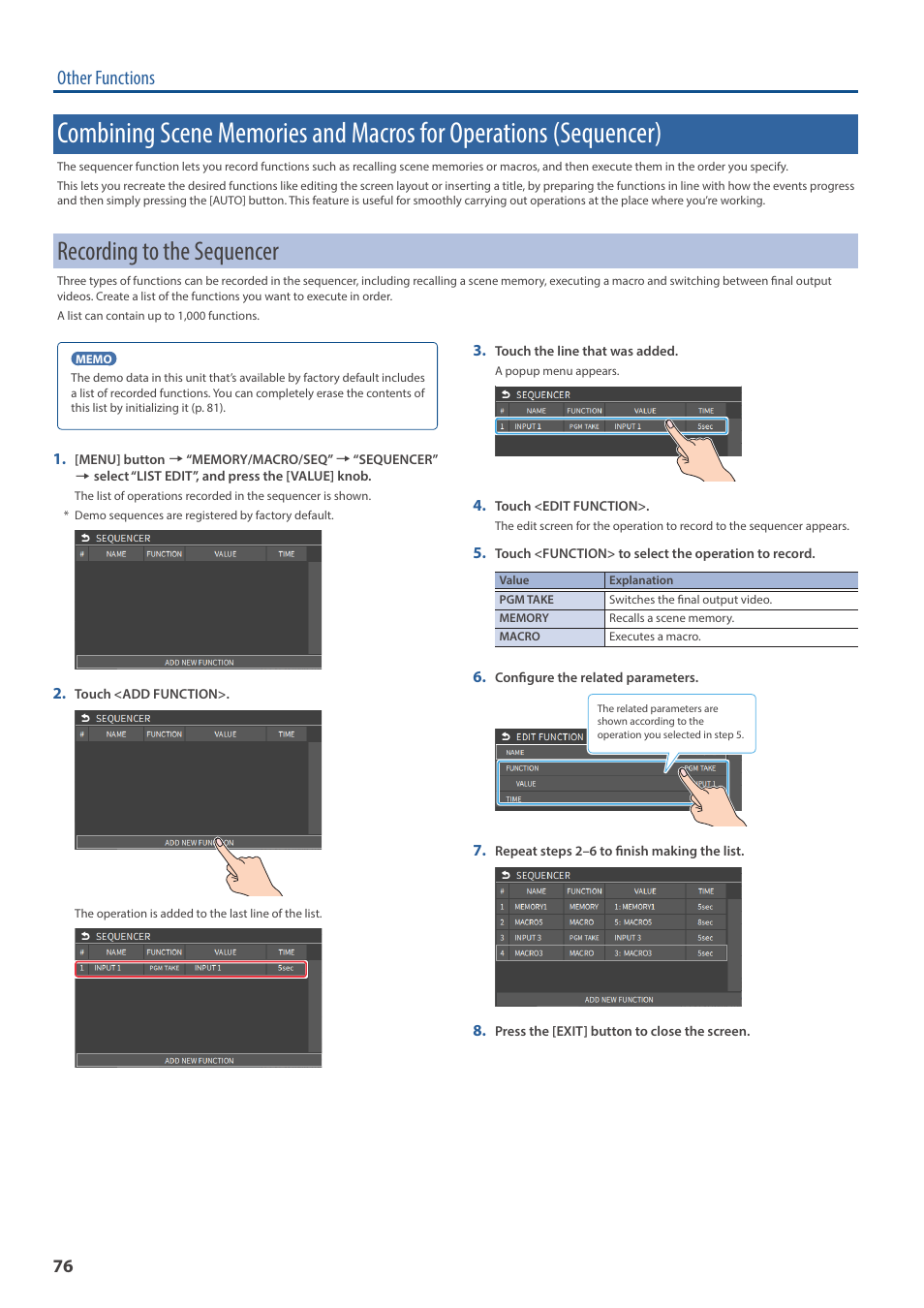 Recording to the sequencer, Combining scene memories and macros for, Operations (sequencer) | Other functions | Roland VR-6HD Direct Streaming AV Mixer User Manual | Page 76 / 148