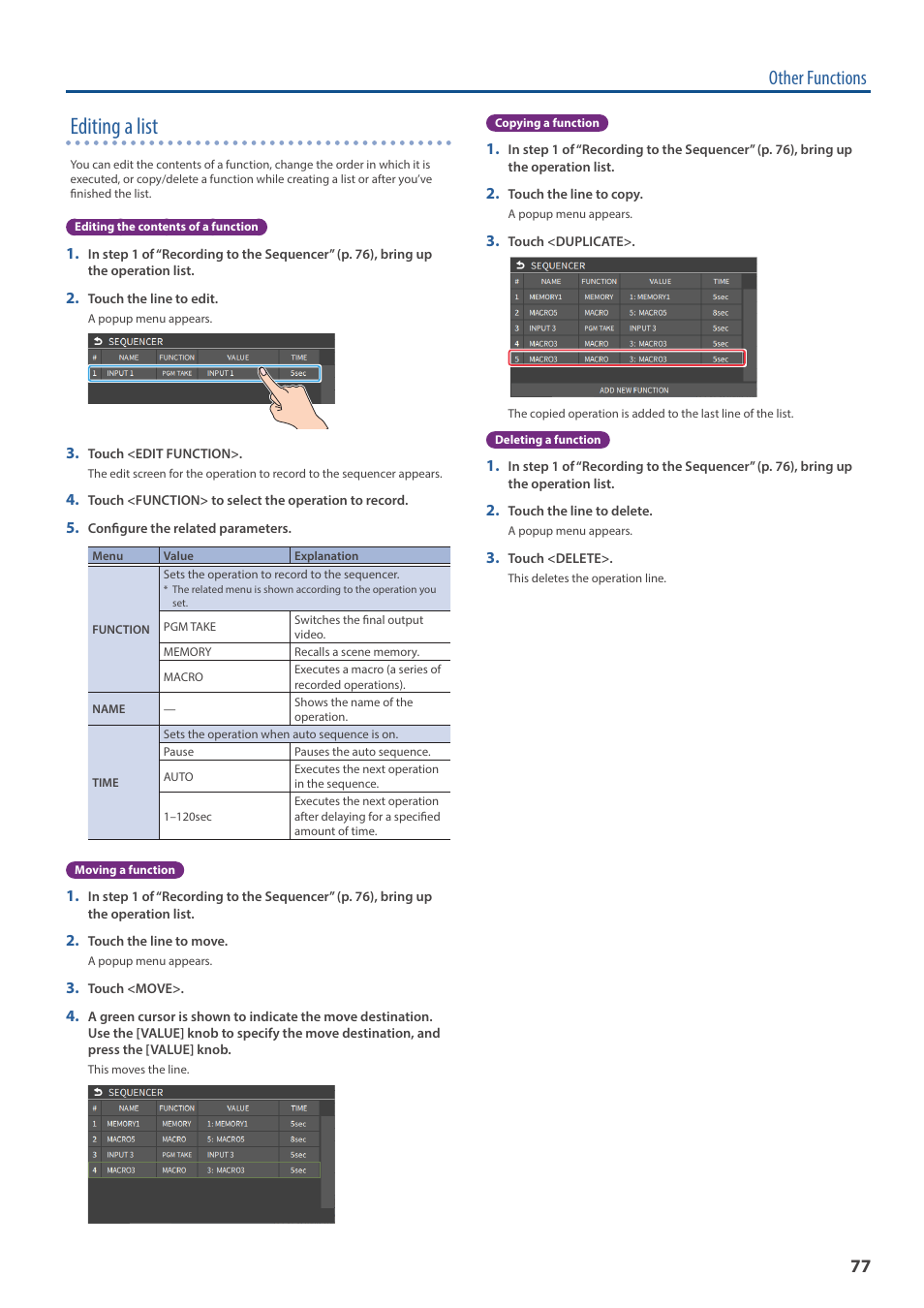 Editing a list, Other functions | Roland VR-6HD Direct Streaming AV Mixer User Manual | Page 77 / 148