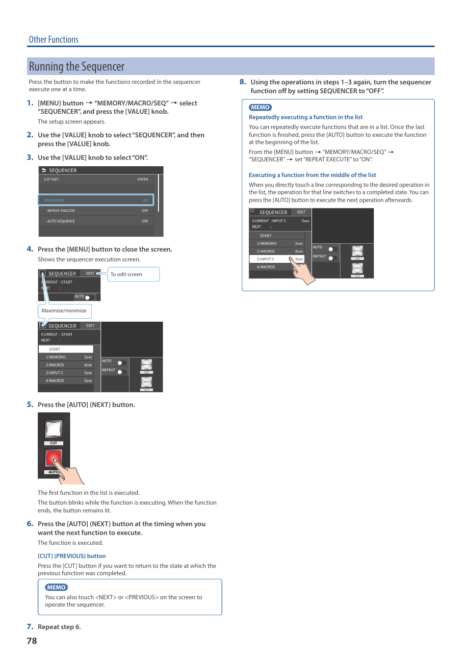 Running the sequencer, Other functions | Roland VR-6HD Direct Streaming AV Mixer User Manual | Page 78 / 148