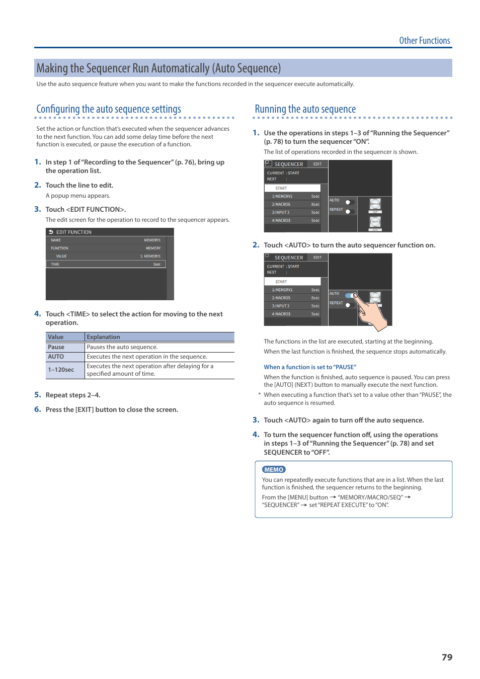 Configuring the auto sequence settings, Running the auto sequence, Other functions | Roland VR-6HD Direct Streaming AV Mixer User Manual | Page 79 / 148