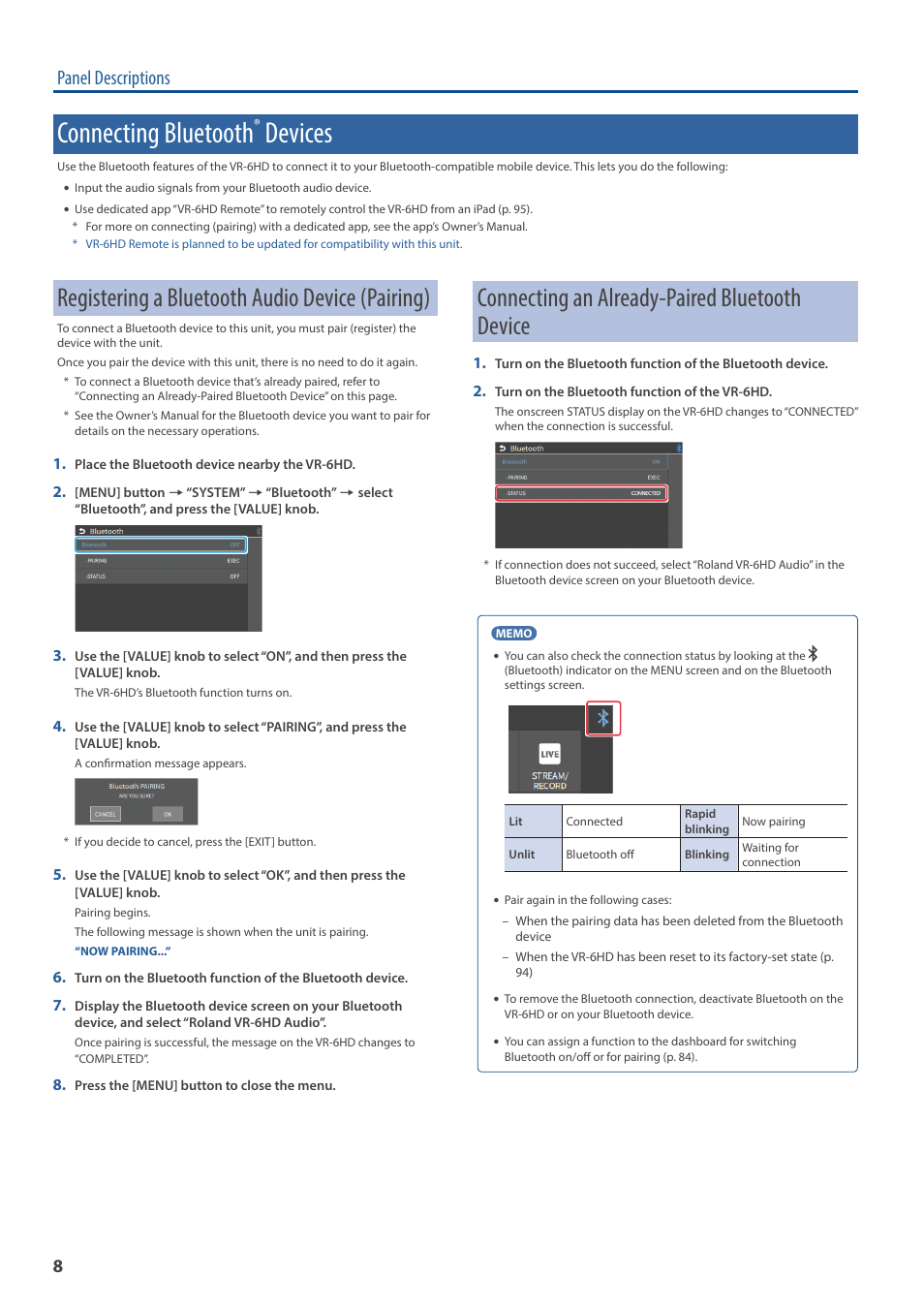 Connecting bluetooth® devices, Registering a bluetooth audio device (pairing), Connecting an already-paired bluetooth device | Connecting bluetooth, Devices, Panel descriptions | Roland VR-6HD Direct Streaming AV Mixer User Manual | Page 8 / 148