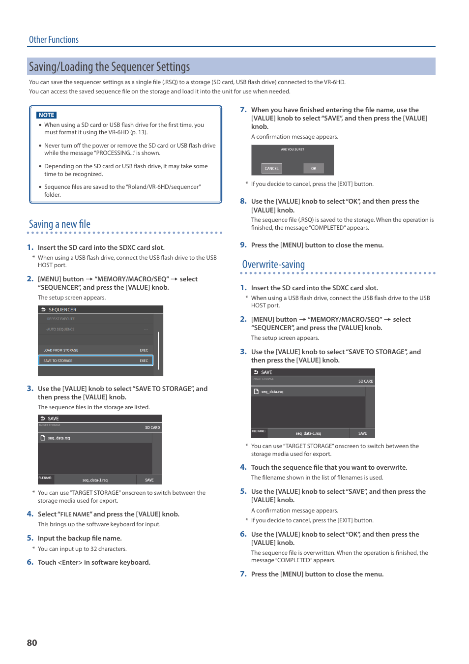 Saving/loading the sequencer settings, Saving a new file, Overwrite-saving | Other functions | Roland VR-6HD Direct Streaming AV Mixer User Manual | Page 80 / 148