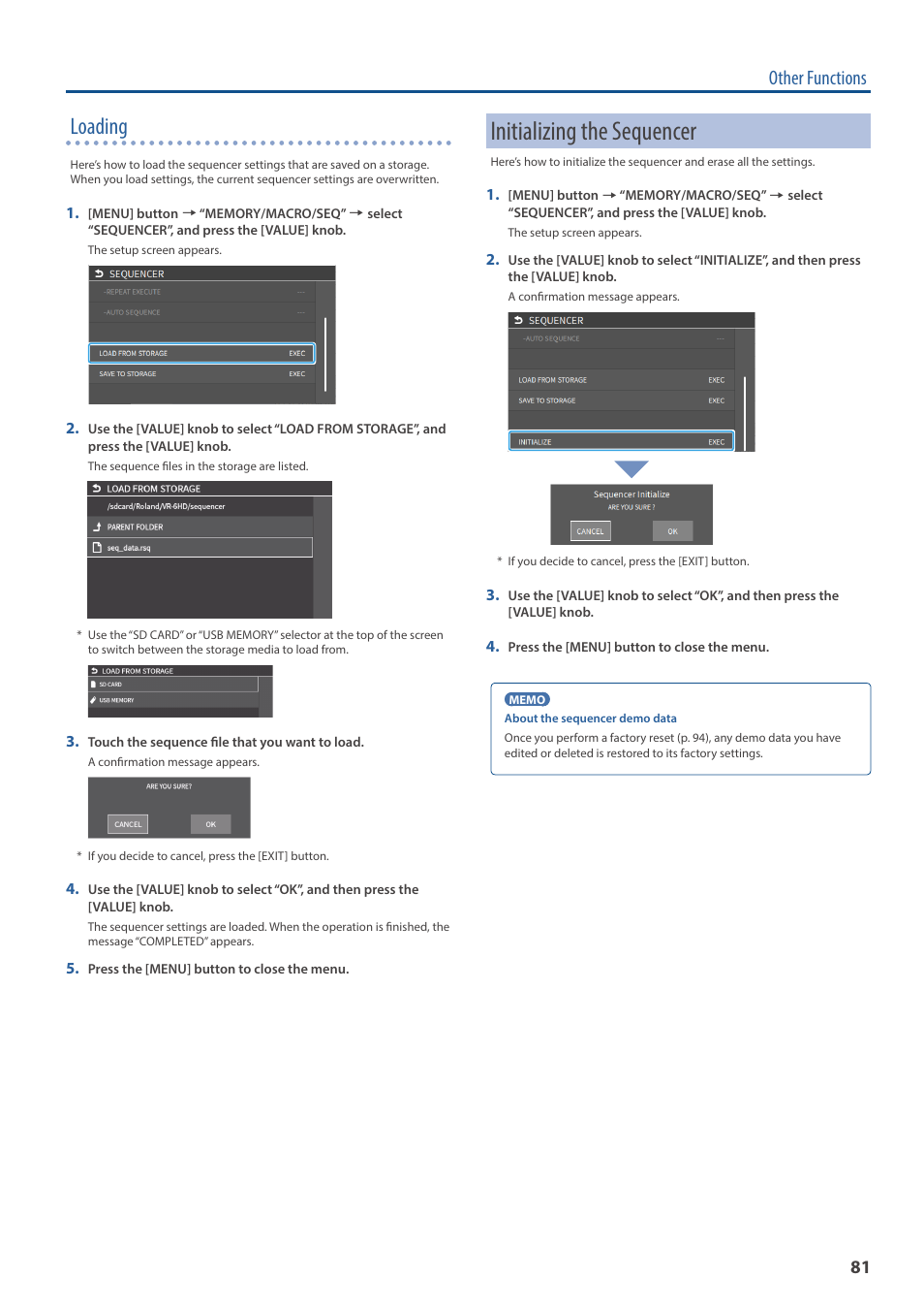 Initializing the sequencer, Loading, Other functions | Roland VR-6HD Direct Streaming AV Mixer User Manual | Page 81 / 148