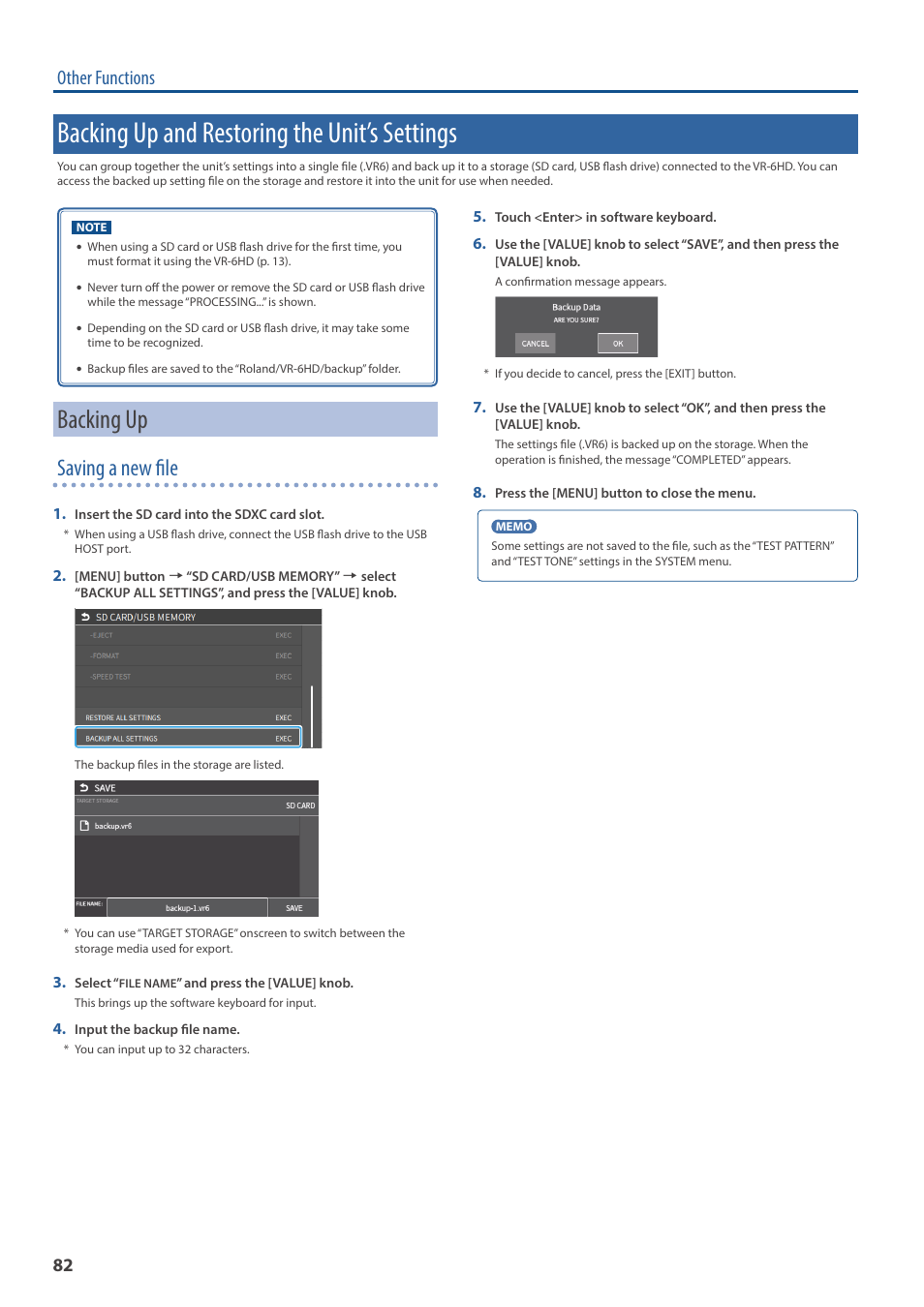 Backing up and restoring the unit’s settings, Backing up, Saving a new file | Other functions | Roland VR-6HD Direct Streaming AV Mixer User Manual | Page 82 / 148