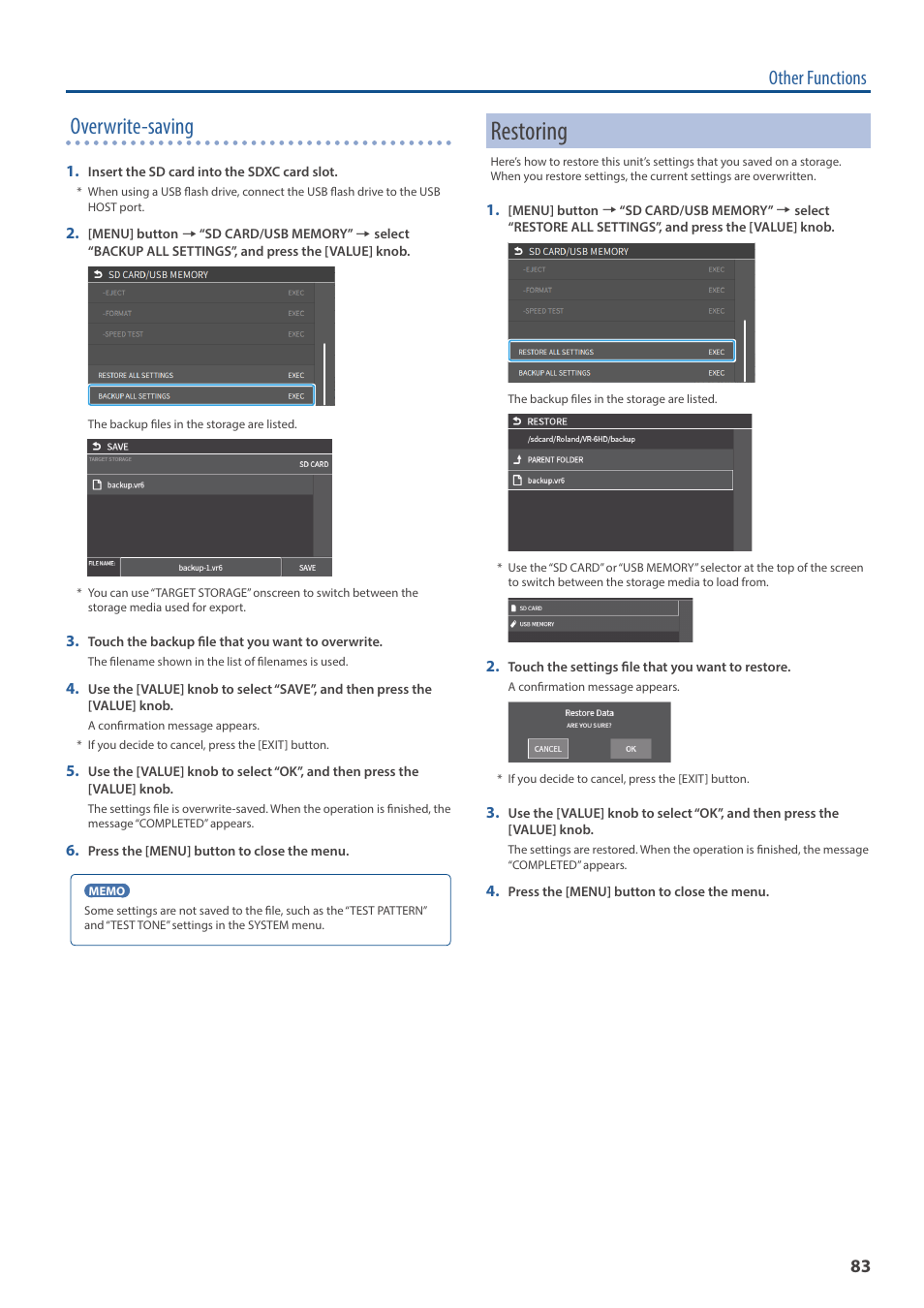 Restoring, Overwrite-saving, Other functions | Roland VR-6HD Direct Streaming AV Mixer User Manual | Page 83 / 148