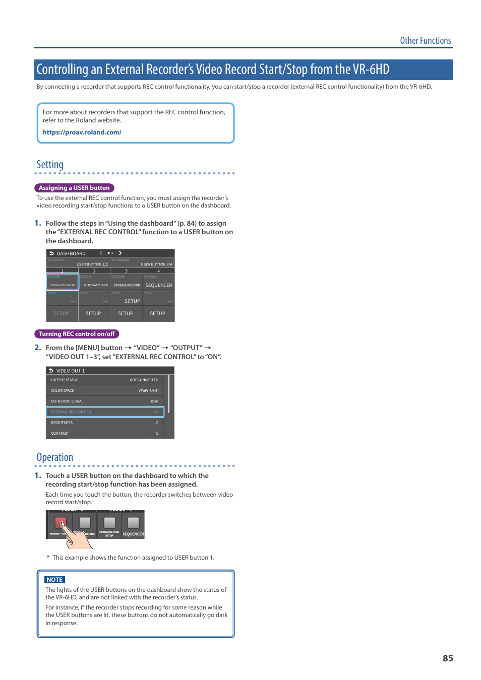 Stop from the vr-6hd, Setting, Operation | Other functions | Roland VR-6HD Direct Streaming AV Mixer User Manual | Page 85 / 148