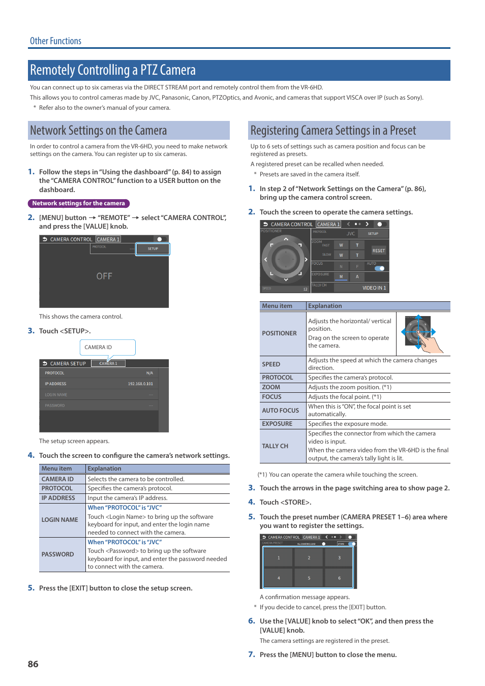 Remotely controlling a ptz camera, Network settings on the camera, Registering camera settings in a preset | Other functions | Roland VR-6HD Direct Streaming AV Mixer User Manual | Page 86 / 148