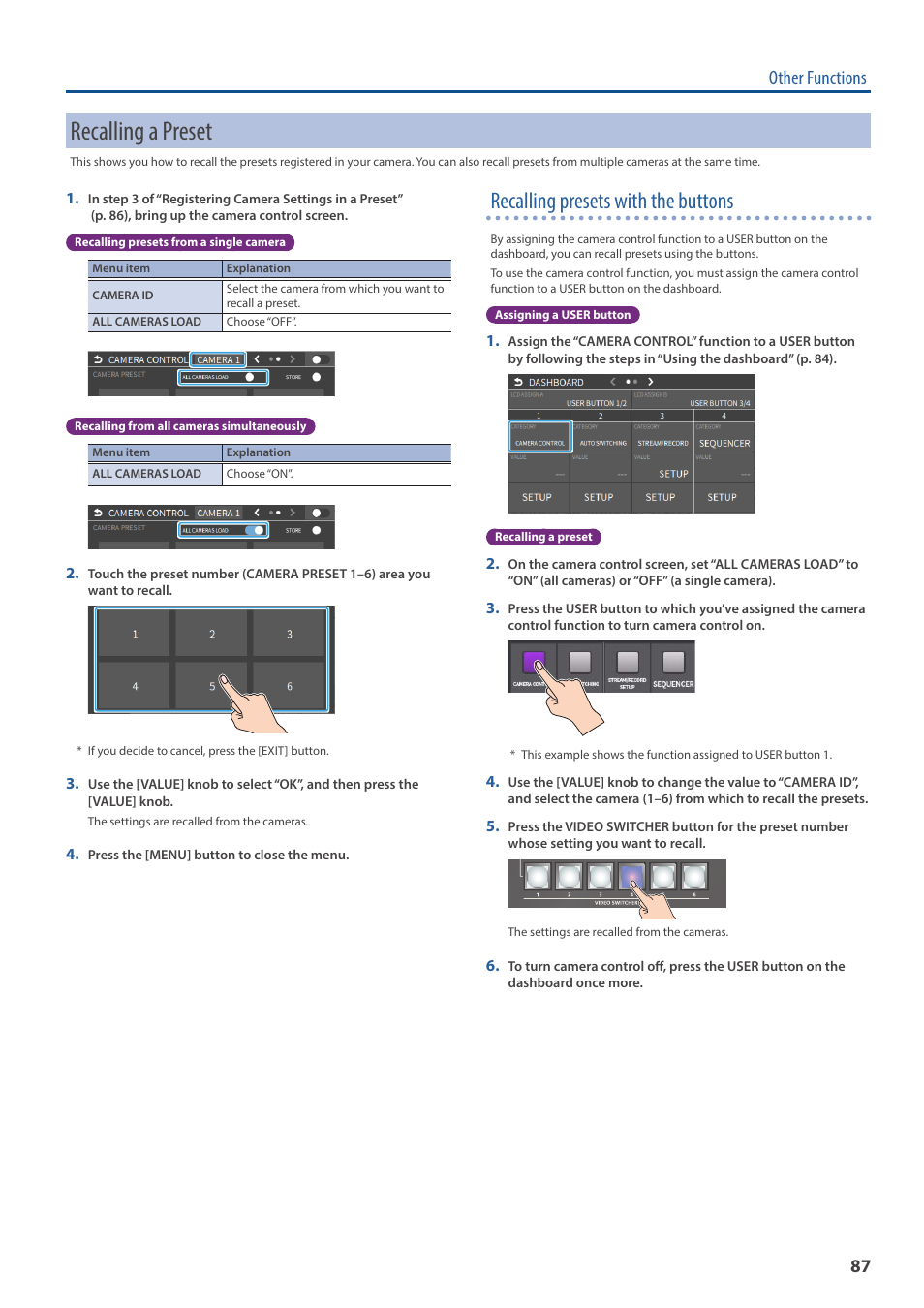 Recalling a preset, Recalling presets with the buttons, Other functions | Roland VR-6HD Direct Streaming AV Mixer User Manual | Page 87 / 148