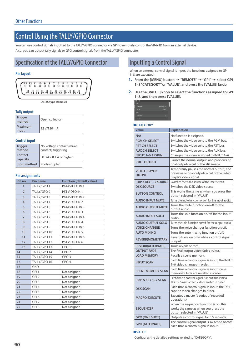 Control using the tally/gpio connector, Specification of the tally/gpio connector, Inputting a control signal | Inputting a control signal” (p. 90), Other functions, Pin layout, Tally output, Control input, Pin assignments | Roland VR-6HD Direct Streaming AV Mixer User Manual | Page 90 / 148