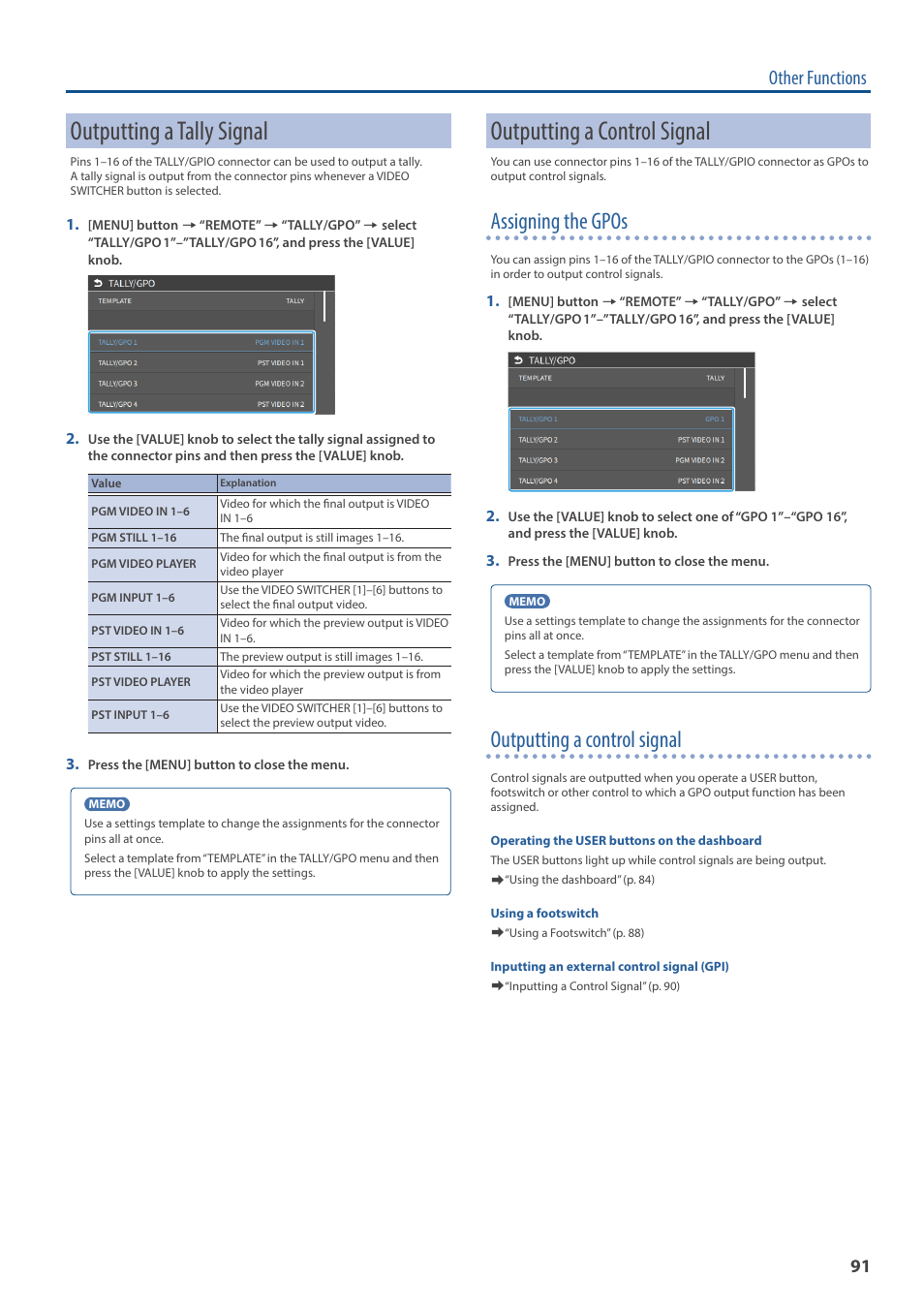 Outputting a tally signal, Outputting a control signal, Assigning the gpos | Other functions | Roland VR-6HD Direct Streaming AV Mixer User Manual | Page 91 / 148