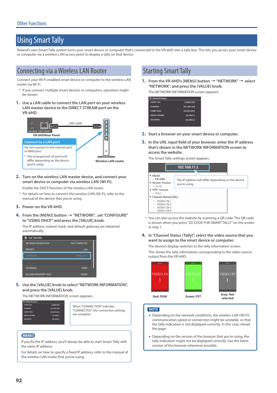 Using smart tally, Connecting via a wireless lan router, Starting smart tally | Other functions | Roland VR-6HD Direct Streaming AV Mixer User Manual | Page 92 / 148