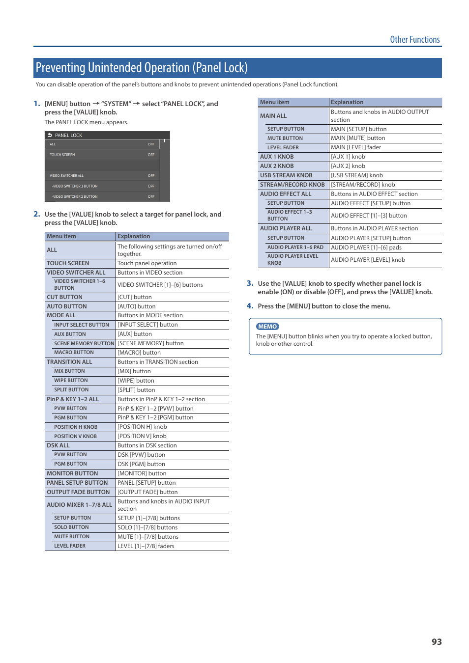 Preventing unintended operation (panel lock), Other functions | Roland VR-6HD Direct Streaming AV Mixer User Manual | Page 93 / 148