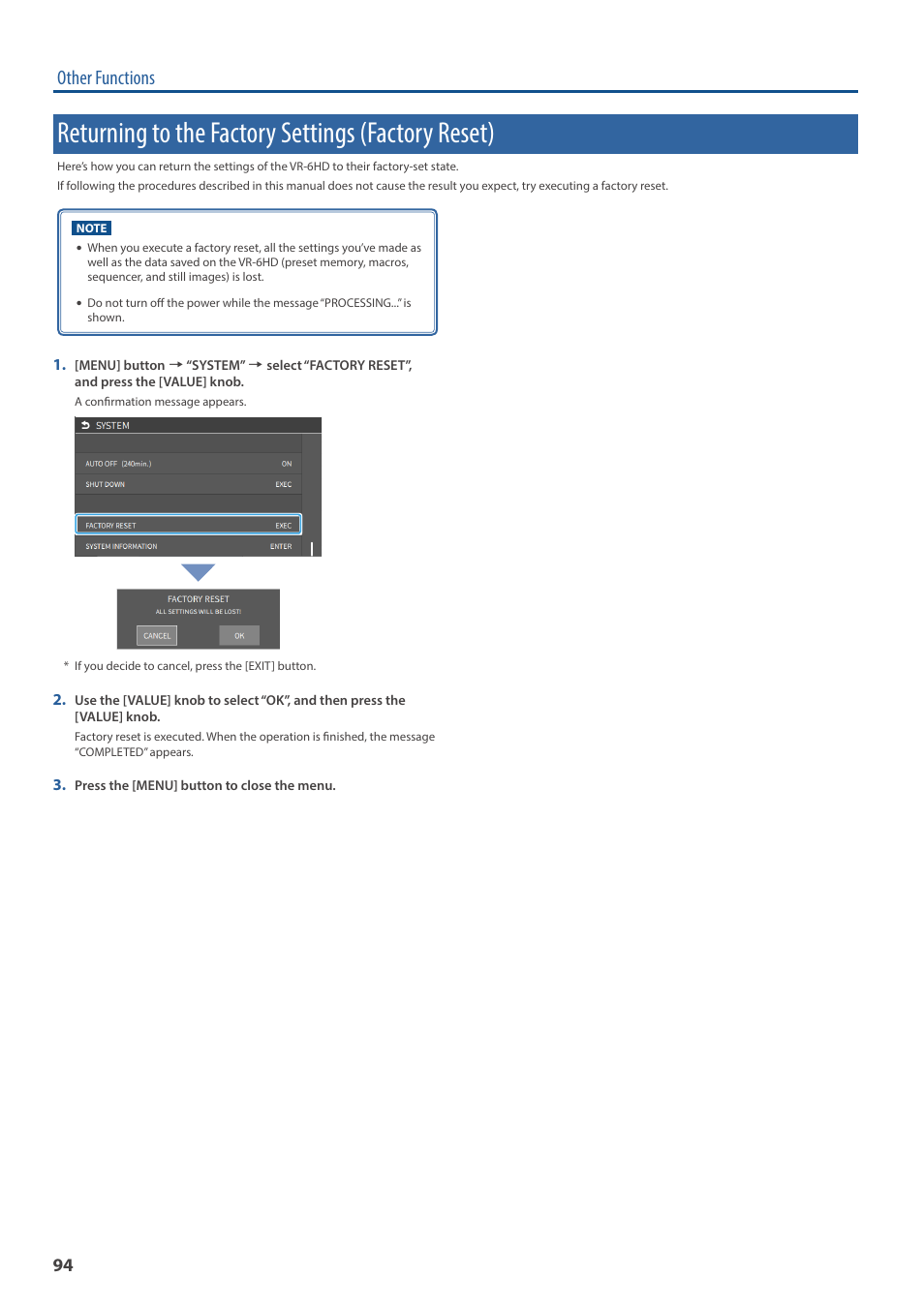 Returning to the factory settings (factory reset), E (p, Other functions | Roland VR-6HD Direct Streaming AV Mixer User Manual | Page 94 / 148