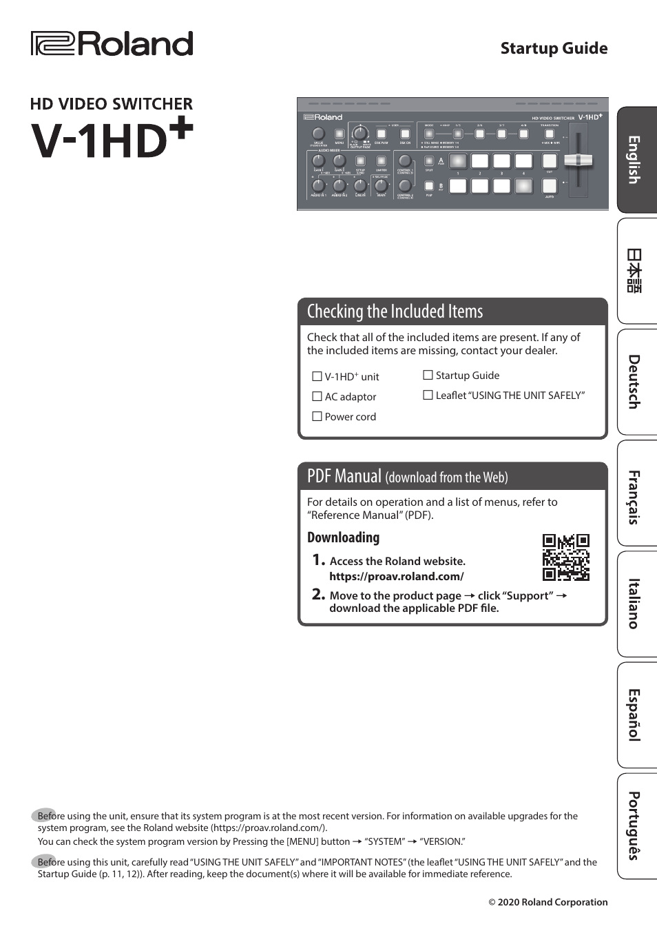 Roland V-1HD+ Compact 4 x HDMI Video Switcher User Manual | 12 pages