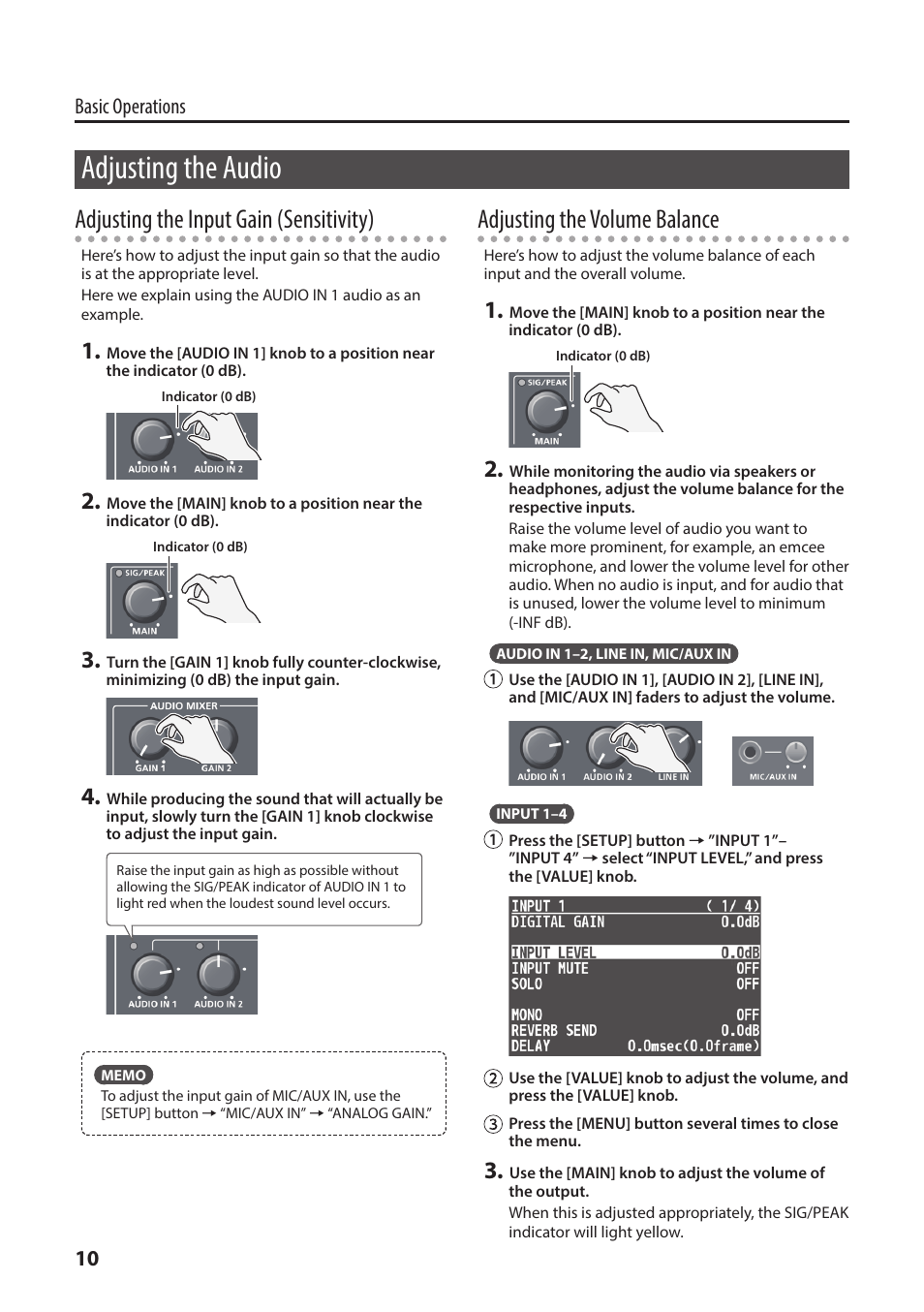 Adjusting the audio, Adjusting the input gain (sensitivity), Adjusting the volume balance | 10 basic operations | Roland V-1HD+ Compact 4 x HDMI Video Switcher User Manual | Page 10 / 12