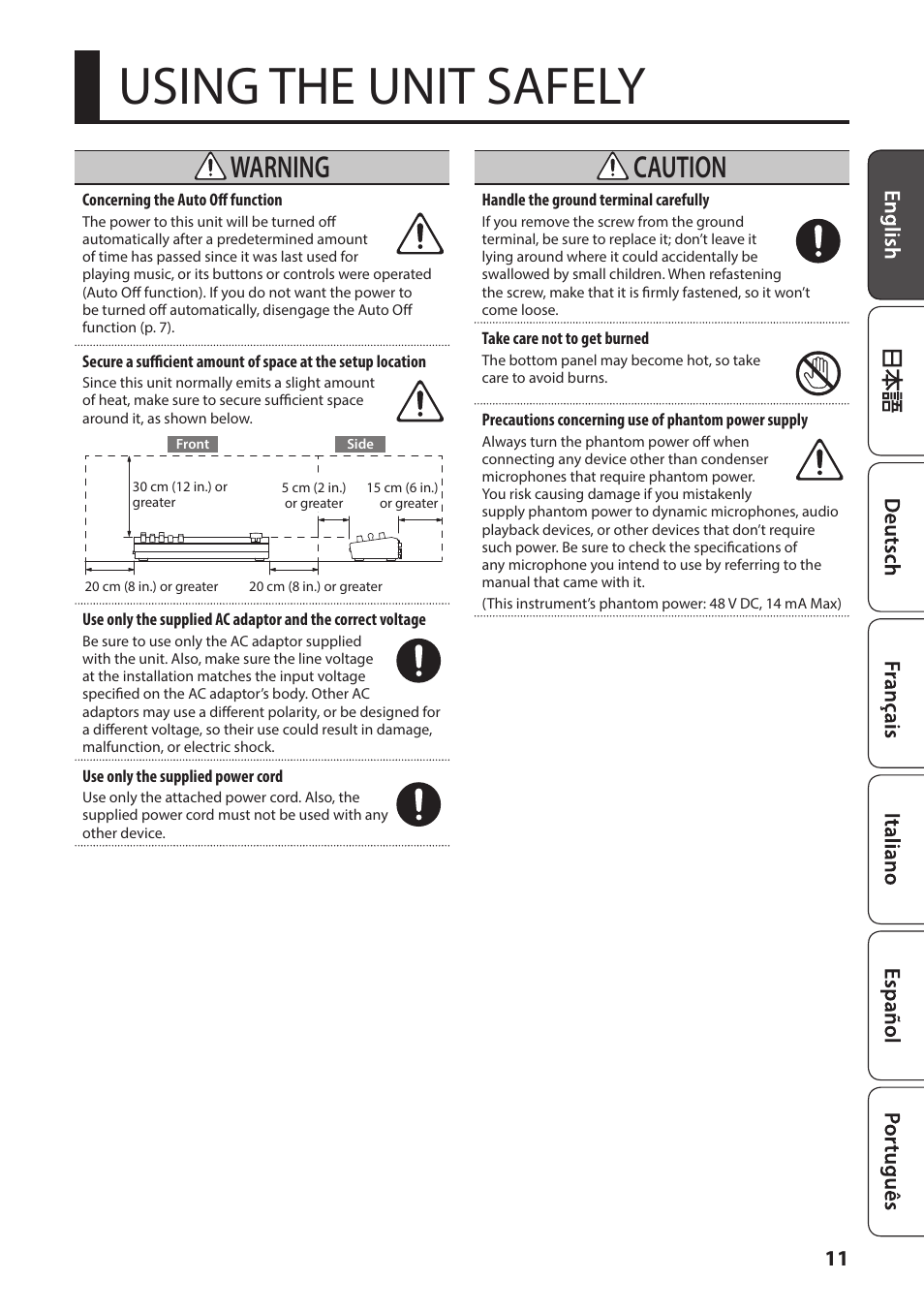 Using the unit safely, Warning, Caution | Roland V-1HD+ Compact 4 x HDMI Video Switcher User Manual | Page 11 / 12