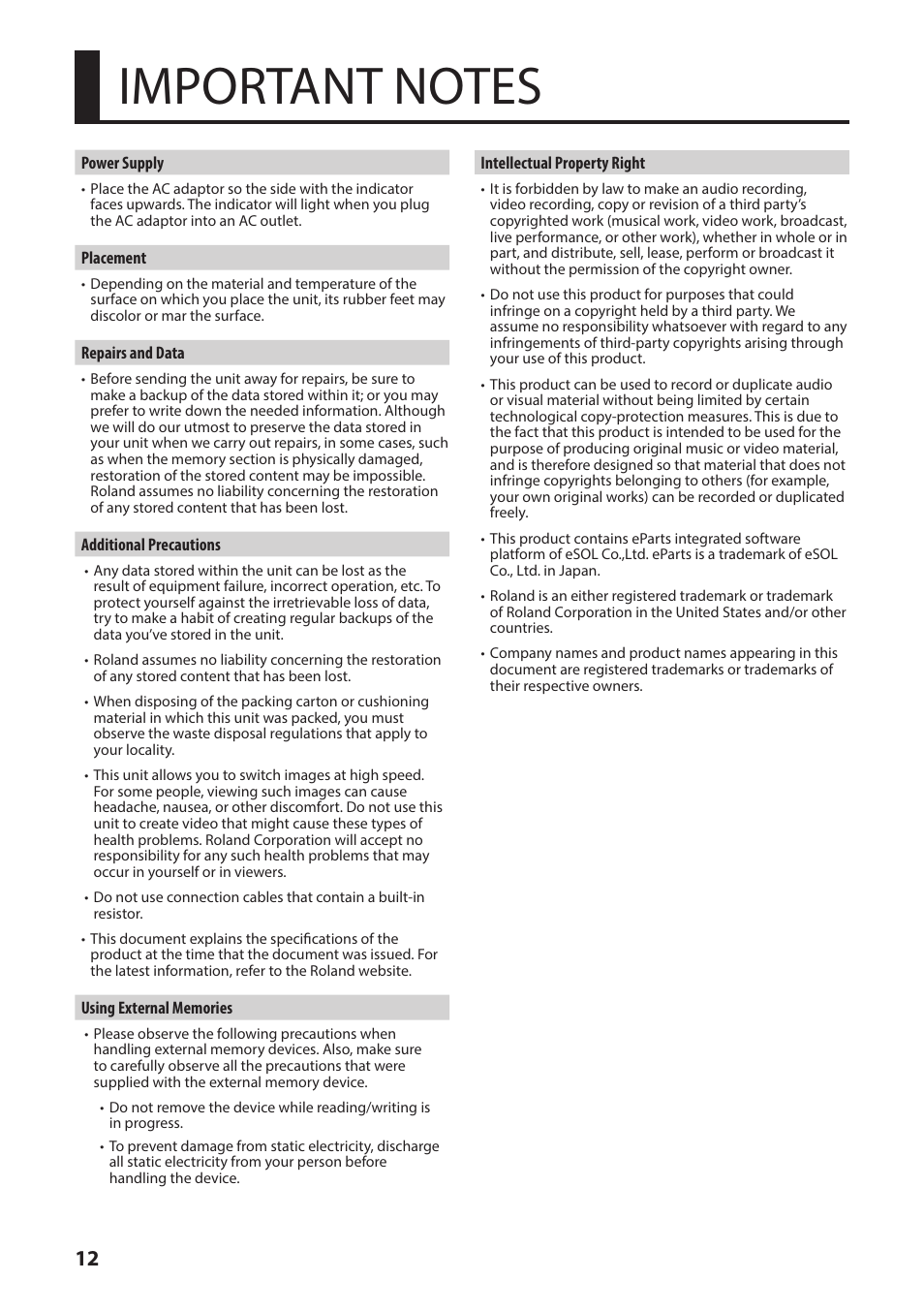 Important notes | Roland V-1HD+ Compact 4 x HDMI Video Switcher User Manual | Page 12 / 12