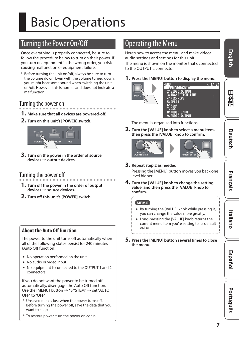 Basic operations, Turning the power on/off, Operating the menu | Turning the power on, Turning the power off, About the auto off function | Roland V-1HD+ Compact 4 x HDMI Video Switcher User Manual | Page 7 / 12