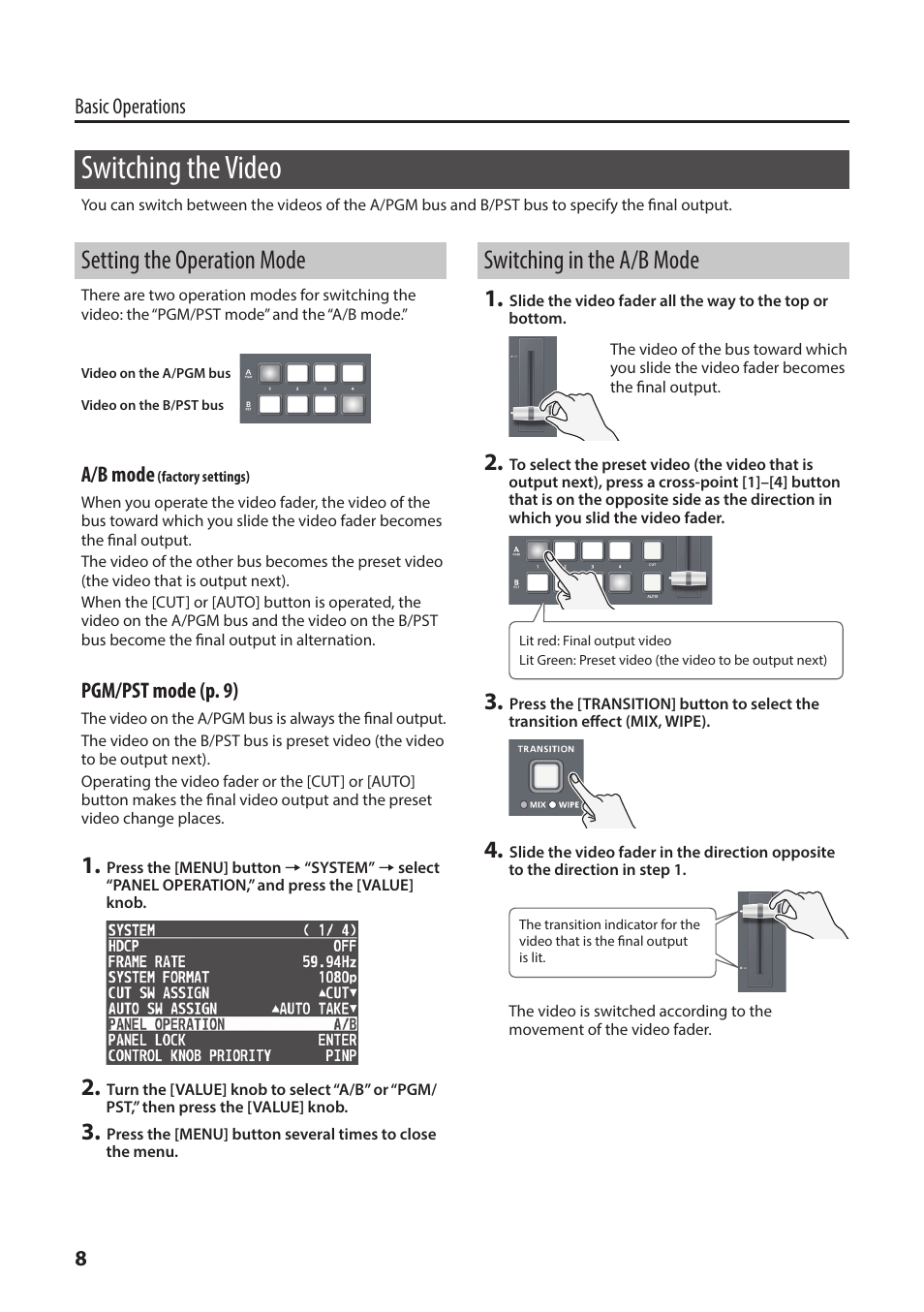 Switching the video, Setting the operation mode, Switching in the a/b mode | Ideo fader (p. 8 | Roland V-1HD+ Compact 4 x HDMI Video Switcher User Manual | Page 8 / 12