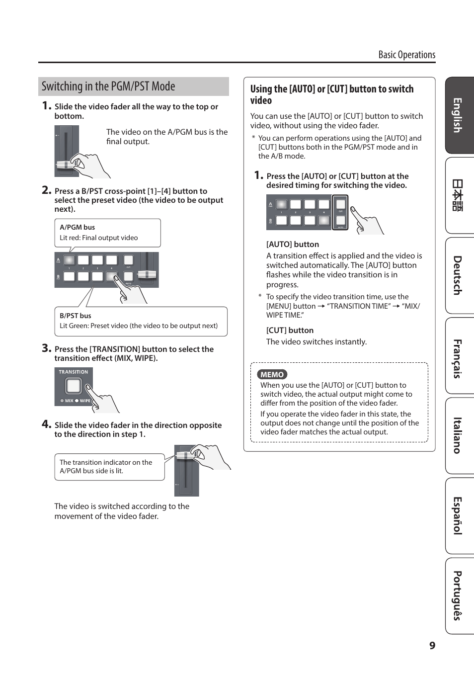 Switching in the pgm/pst mode, Using the [auto] or [cut] button to switch video, Ons (p. 9) | On (p. 9, 9basic operations | Roland V-1HD+ Compact 4 x HDMI Video Switcher User Manual | Page 9 / 12