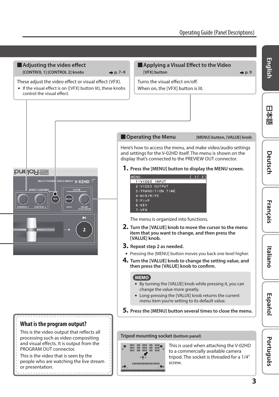 Top panel, Operating guide (panel descriptions), What is the program output | Roland V-02HD MK II Multi-Format Video Mixer with Streaming User Manual | Page 3 / 10