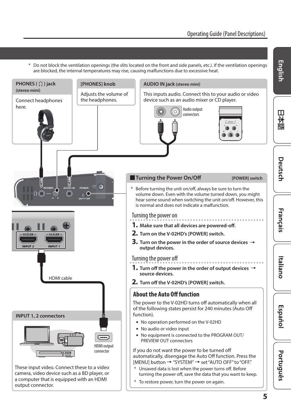 Rear panel/side panel (connecting your equipment), Operating guide (panel descriptions), Turning the power on | Turning the power off, About the auto off function | Roland V-02HD MK II Multi-Format Video Mixer with Streaming User Manual | Page 5 / 10