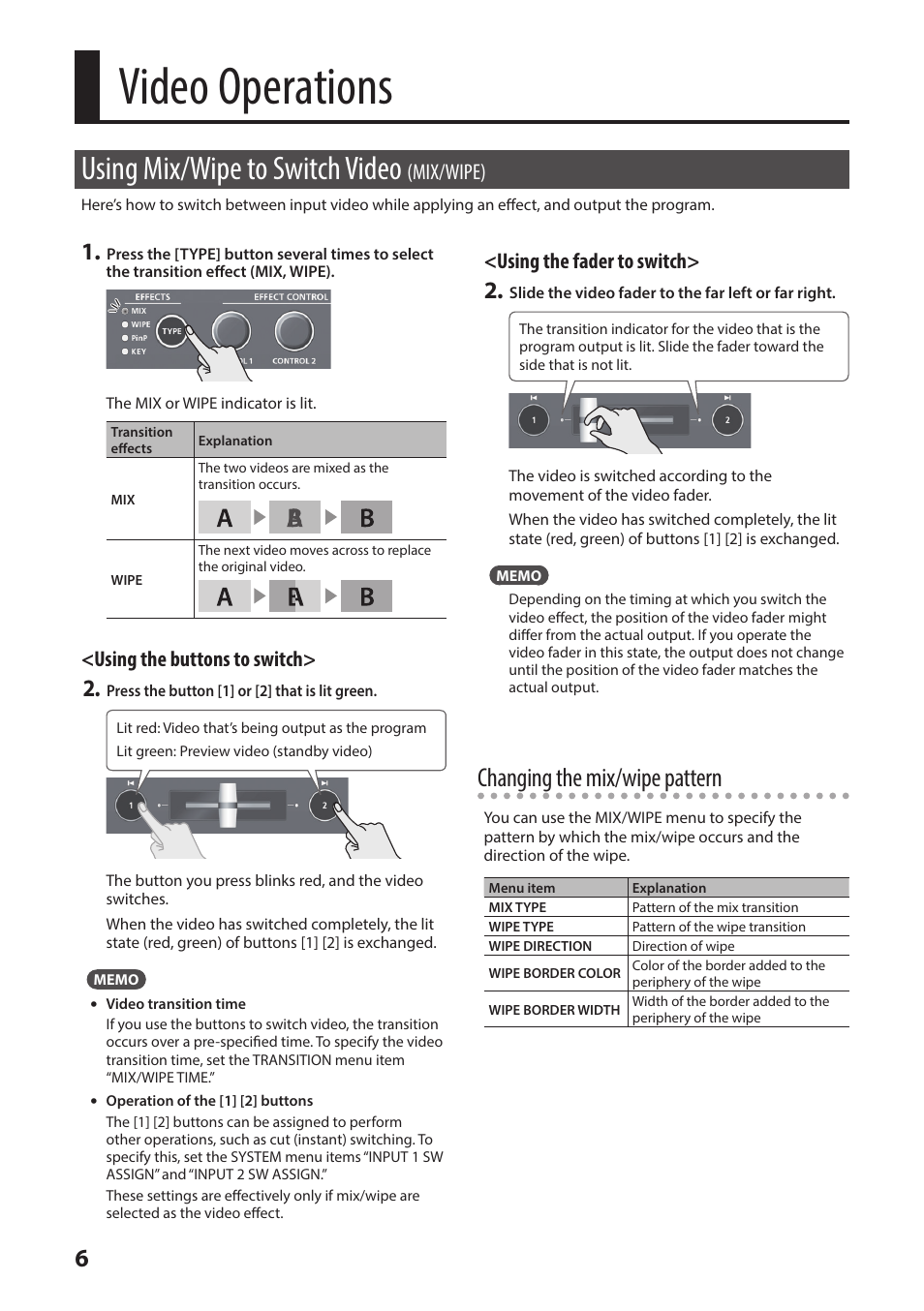 Video operations, Using mix/wipe to switch video (mix/wipe), P. 6 | Using mix/wipe to switch video, Changing the mix/wipe pattern, Mix/wipe), Using the buttons to switch, Using the fader to switch | Roland V-02HD MK II Multi-Format Video Mixer with Streaming User Manual | Page 6 / 10