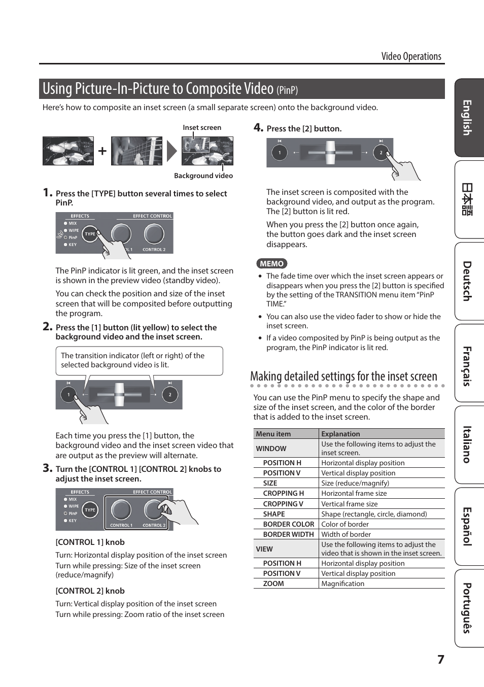 Using picture-in-picture to composite video (pinp), P. 7, Using picture-in-picture to composite video | Making detailed settings for the inset screen, Video operations, Pinp) | Roland V-02HD MK II Multi-Format Video Mixer with Streaming User Manual | Page 7 / 10