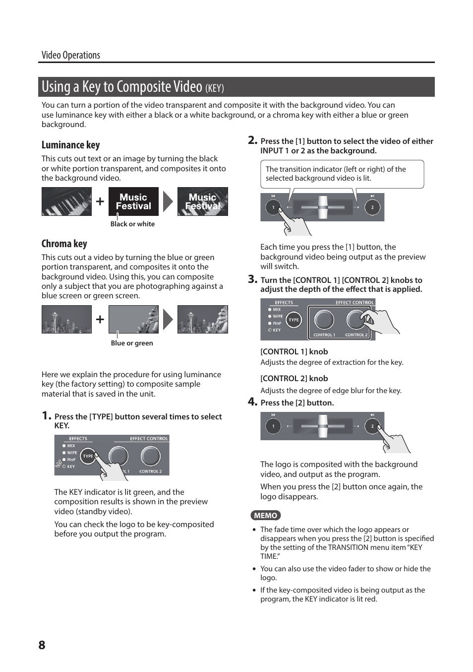 Using a key to composite video (key), Using a key to composite video, Video operations | Key), Luminance key, Chroma key | Roland V-02HD MK II Multi-Format Video Mixer with Streaming User Manual | Page 8 / 10