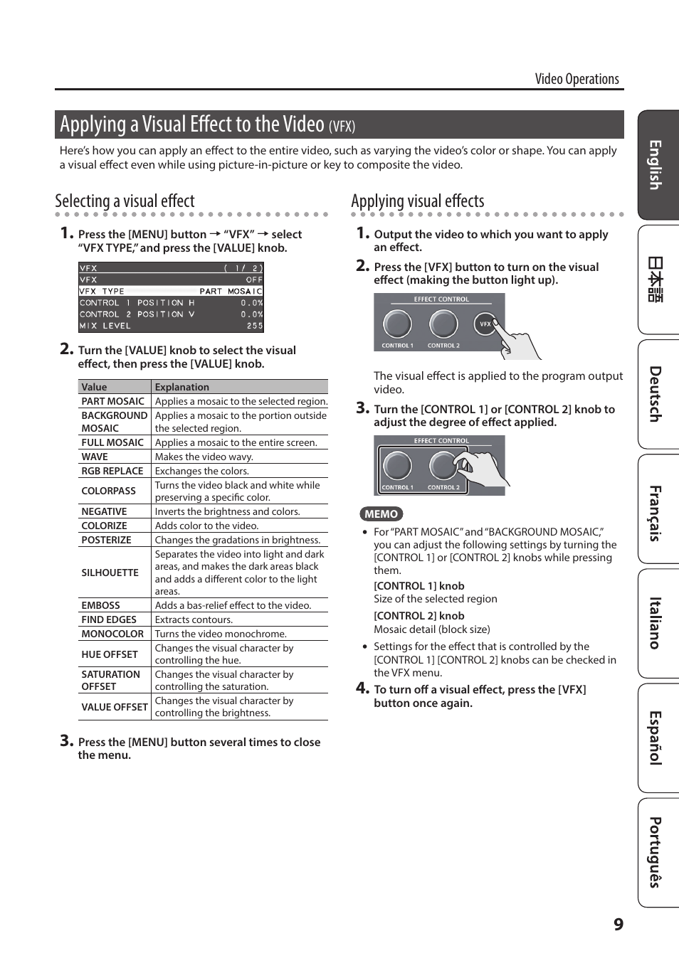 Applying a visual effect to the video (vfx), P. 9, Applying a visual effect to the video | Selecting a visual effect, Applying visual effects, Video operations, Vfx) | Roland V-02HD MK II Multi-Format Video Mixer with Streaming User Manual | Page 9 / 10