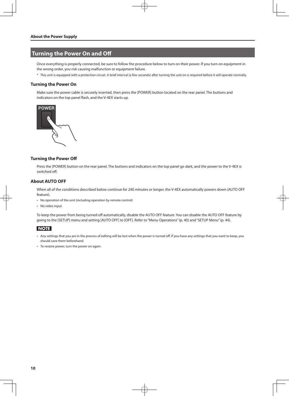 Turning the power on and off | Roland V-4EX Four Channel Digital Video Mixer with Effects User Manual | Page 10 / 64