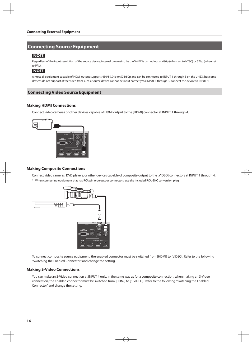 Connecting source equipment, Connecting video source equipment | Roland V-4EX Four Channel Digital Video Mixer with Effects User Manual | Page 16 / 64