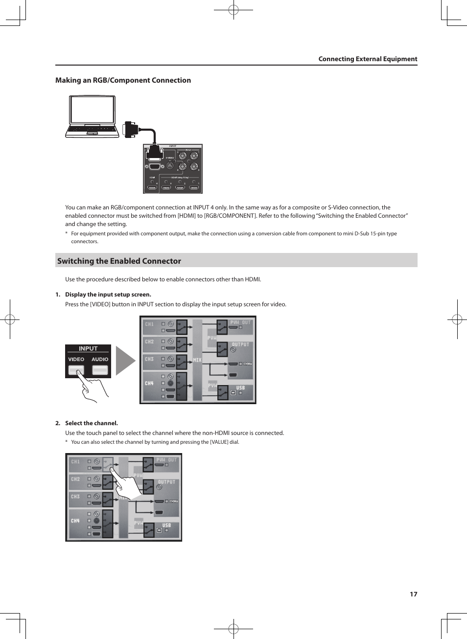 Switching the enabled connector, Making an rgb/component connection | Roland V-4EX Four Channel Digital Video Mixer with Effects User Manual | Page 17 / 64