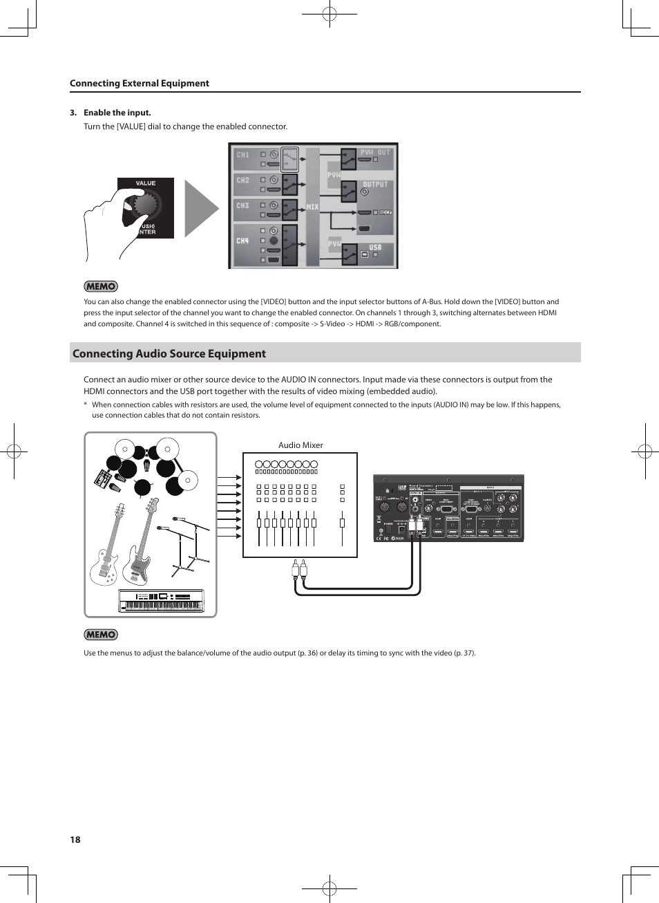 Connecting audio source equipment | Roland V-4EX Four Channel Digital Video Mixer with Effects User Manual | Page 18 / 64