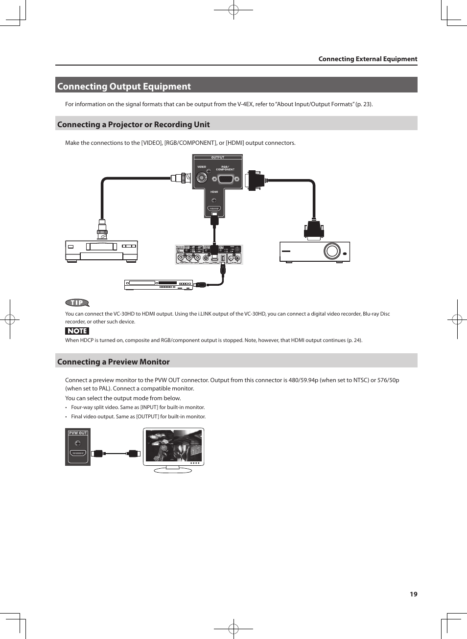 Connecting output equipment, Connecting a projector or recording unit, Connecting a preview monitor | Roland V-4EX Four Channel Digital Video Mixer with Effects User Manual | Page 19 / 64