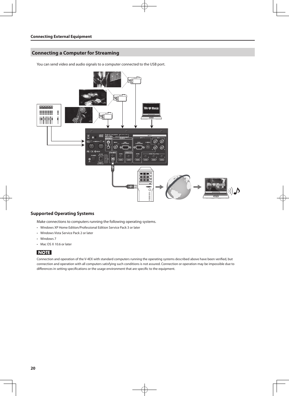 Connecting a computer for streaming, Supported operating systems | Roland V-4EX Four Channel Digital Video Mixer with Effects User Manual | Page 20 / 64