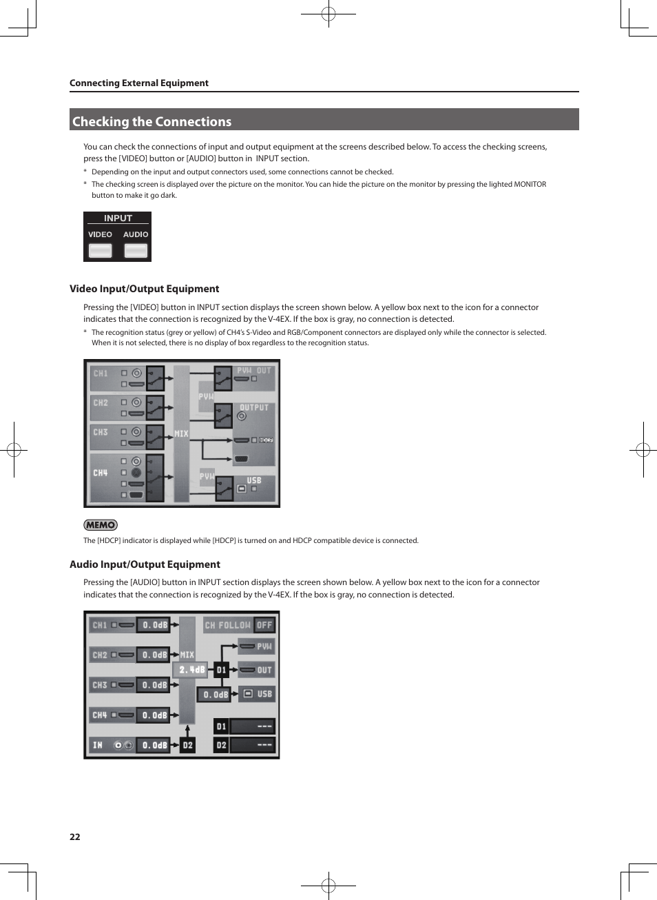 Checking the connections, Video input/output equipment, Audio input/output equipment | Roland V-4EX Four Channel Digital Video Mixer with Effects User Manual | Page 22 / 64