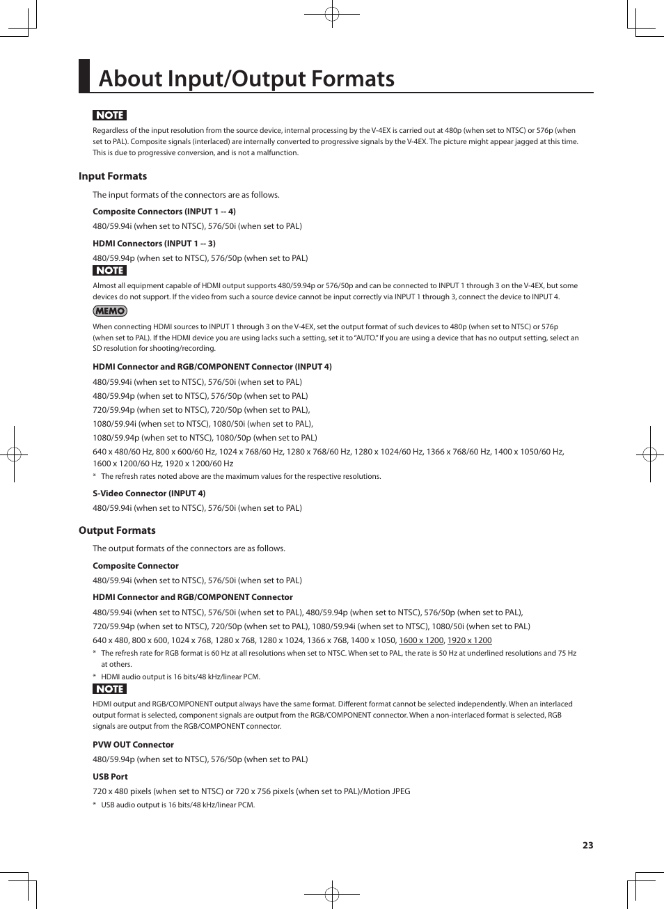 About input/output formats | Roland V-4EX Four Channel Digital Video Mixer with Effects User Manual | Page 23 / 64