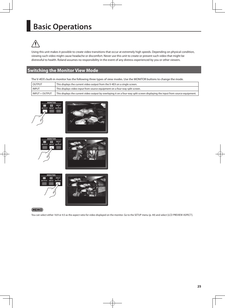 Basic operations, Switching the monitor view mode | Roland V-4EX Four Channel Digital Video Mixer with Effects User Manual | Page 25 / 64