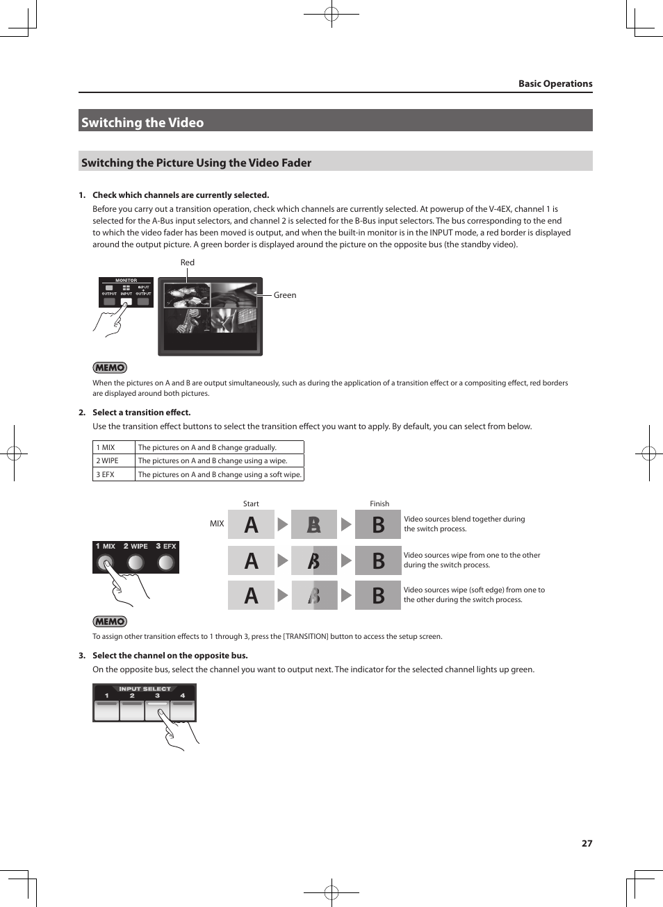 Switching the video, Switching the picture using the video fader, P. 27 | Roland V-4EX Four Channel Digital Video Mixer with Effects User Manual | Page 27 / 64