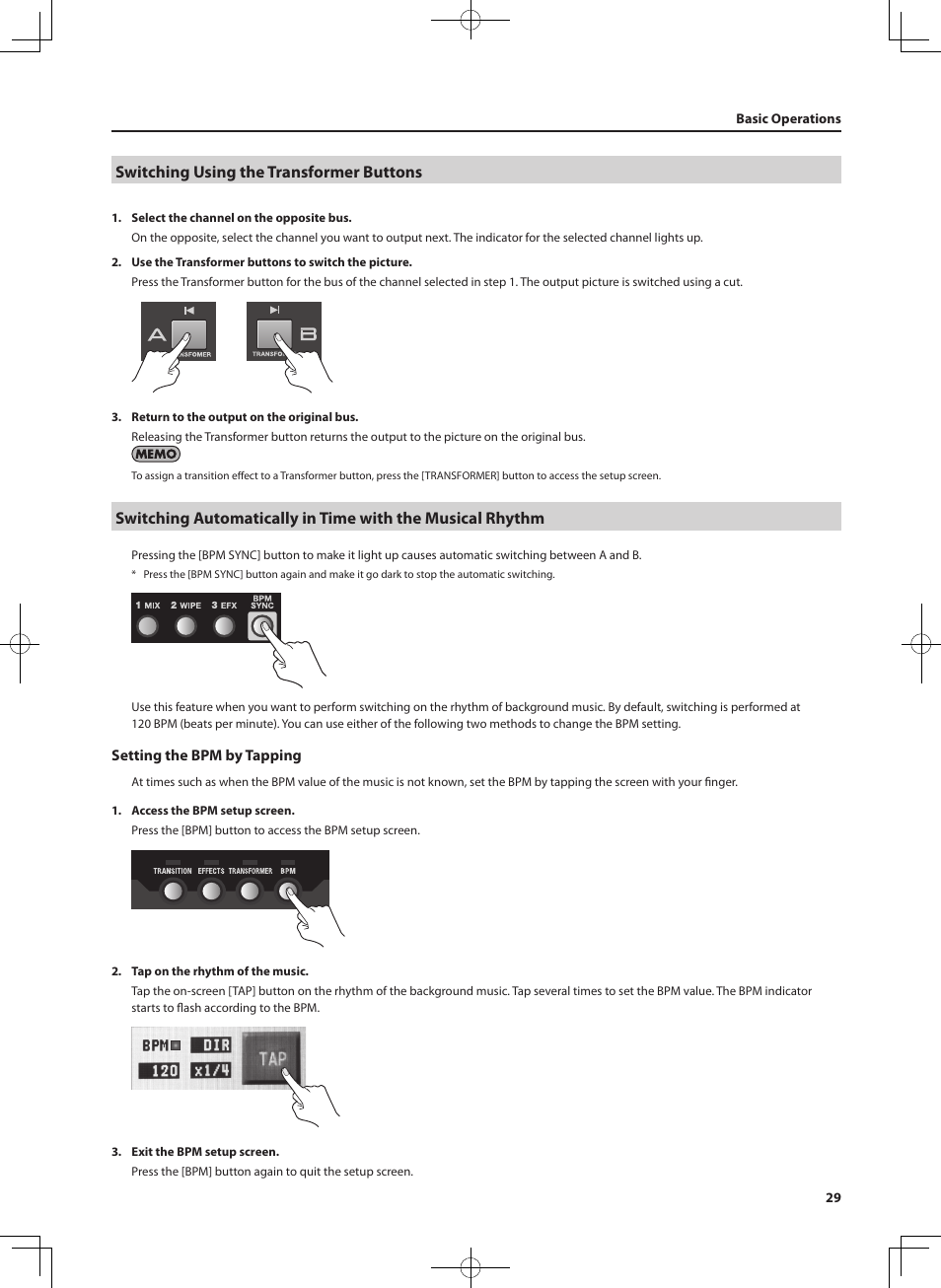 Switching using the transformer buttons, Essed (p. 29), P. 29 | P. 29, p, P. 29) | Roland V-4EX Four Channel Digital Video Mixer with Effects User Manual | Page 29 / 64