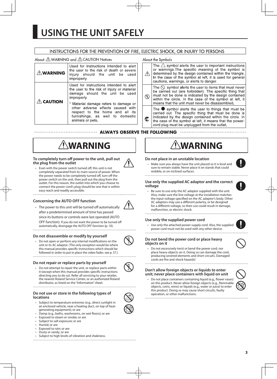 Using the unit safely, Warning | Roland V-4EX Four Channel Digital Video Mixer with Effects User Manual | Page 3 / 64