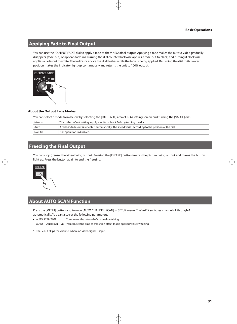 Applying fade to final output, Freezing the final output, About auto scan function | Er position (p. 31), Eezing (p. 31) | Roland V-4EX Four Channel Digital Video Mixer with Effects User Manual | Page 31 / 64